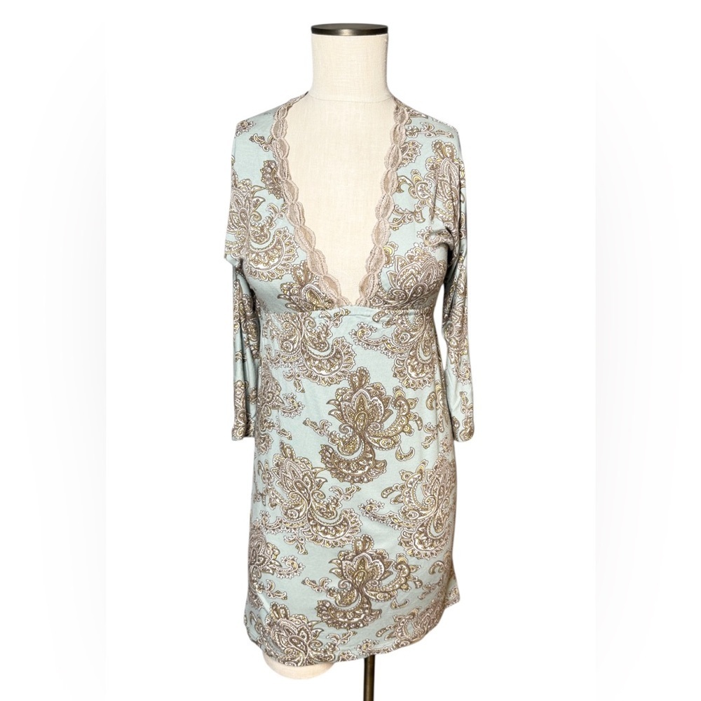 Wendy Glez Sleepwear Lounge Dress Sky Blue Paisley Lace Trim Long Sleeve Sz S